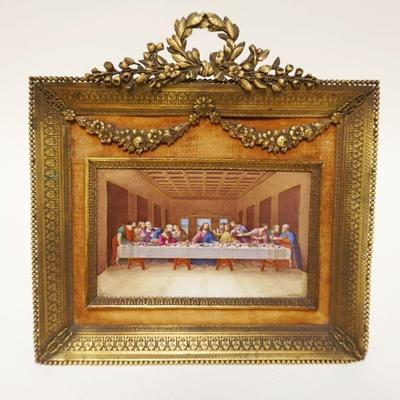1029	OUTSTANDING ARTIST SIGNED HAND PAINTED PORCELAIN LAST SUPPER IN ORNATE BRASS FRAME, APPROXIMATELY 8 IN X 9 IN
