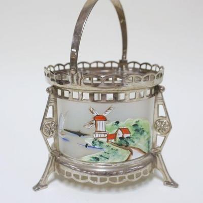 1008	ORNATE CANDLE TEAPOT WARMER METAL STAND W/CENTER REVERSED PAINTED GLASS, APPROXIMATELY 8 IN HIGH
