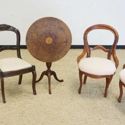 1210	VICTORIAN FINGER CARVED AND WALNUT CARVED SIDE CHAIRS AND TILT TOP TABLE
