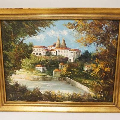 1252	OIL PAINTING ON CANVAS OF CASTLE SCENE, APPROXIMATELY 14 IN X 18 IN
