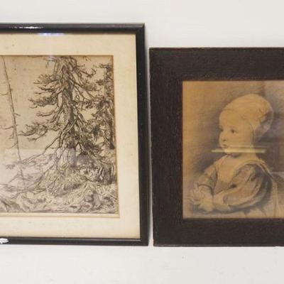 1282	LOT ANTIQUE PRINT OF CHILD & ENGRAVING OF FORREST, LARGEST APPROXIMATELY 12 IN X 15 IN
