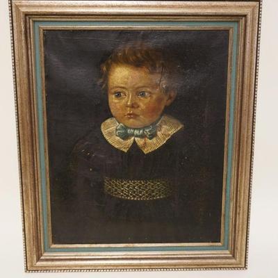 1082	ANTIQUE OIL PAINTING ON CANVAS, PORTRAIT OF YOUNG CHILD, RIP IN CANVAS, APPROXIMATELY 18 IN X 21 IN OVERALL
