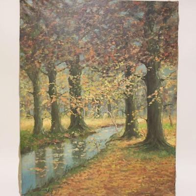 1086	OIL PAINTING ON CANVAS LANDSCAPE OF TREES IN FORREST W/STREAM, ARTIST SIGNED LOWER LEFT, APPROXIMATELY 26 IN X 33 1/2 IN

