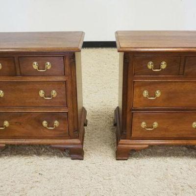 1190	PAIR OF STICKLEY MAHOGANY 3 DRAWER BED SIDE CHESTS WITH REEDED COLUMNS AND BRACKET FEET, SURFACE WEAR AND BRUSING TO TOPS, EACH...