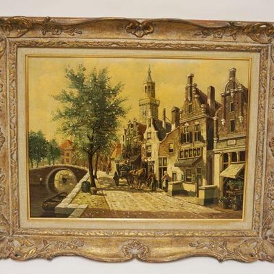1093	WILHELM BOUWMAN NETHERLANDS OIL PAINTING ON CANVAS STREET SCENE NEXT TO CANAL, APPROXIMATELY 23 IN X 27 IN
