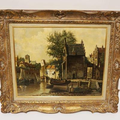 1094	WILHELM BOUWMAN NETHERLANDS OIL PAINTING ON CANVAS CITY HARBOR SCENE, APPROXIMATELY 23 IN X 27 IN

