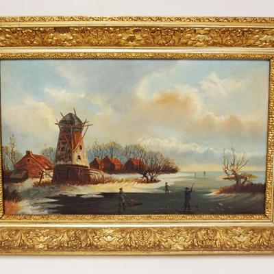 1101	ANTIQUE OIL PAINTING ON CANVAS WINTER SCENE W/BUILDINGS NEAR WATERWAY & PEOPLE W/SLEDS ON FROZEN WATERWAY
