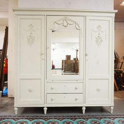 1204	ORNATE 3 PART, 3 DOOR, 2 DRAWER BEVELED MIRROR WARDROBE WITH APPLIED DRAPE MOLDING, APPROXIMATELY 83 IN X 28 IN X 82 IN H
