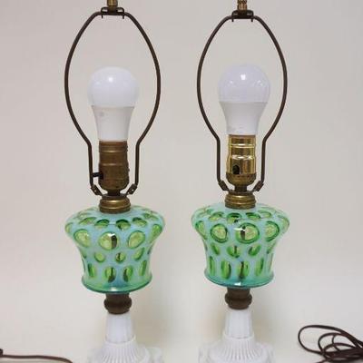 1053	TABLE LAMPS W/MILK GLASS BASE & GREEN OPALESCENT FONTS, ELECTRIC, APPROXIMATELY 21 IN HIGH
