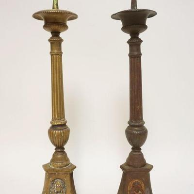 1034	PAIR OF ORNATE BRASS PRICKET CANDLESTICKS, APPROXIMATELY 21 IN HIGH
