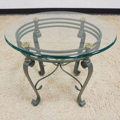 1179	ORNATE IRON BASE STAND WITH GREEN COPPER FINISH AND BRASS ACCENTS AND GLASS TOP, APPROXIMATELY 27 IN X 23 IN X 23 IN
