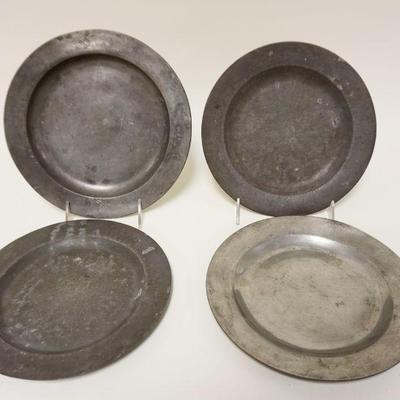 1037	LOT OF 4 ANTIQUE PEWTER PLATES, APPROXIMATELY 9 IN
