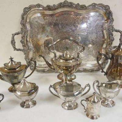1127	LOF OF SILVER PLATE TEA POTS AND ACCESSORIES INCLUDING LARGE ORNATE SERVING TRAY
