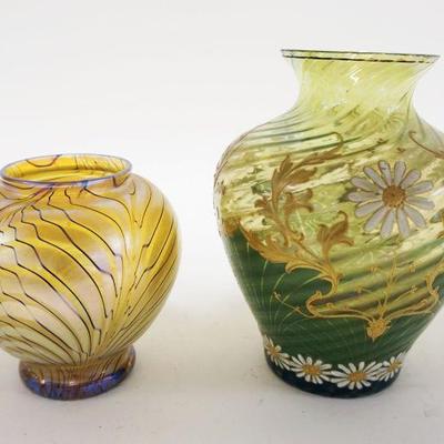 1069	2 ART GLASS IRIDIZED VASES INCLUDING ONE ARTIST SIGNED ORIENT & FLUME, TALLEST APPROXIMATELY 7 IN HIGH
