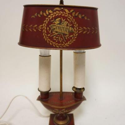 1288	TIN TOLE PAINT DECORATED TABLE LAMP, APPROXIMATELY 16 IN
