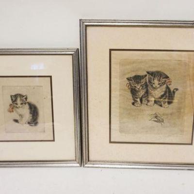 1281	LOT OF 2 FRAMED ARTIST SIGNED KITTEN PRINTS, LARGEST APPROXIMATELY 17 1/2 IN X 19 IN, SOME FOXING
