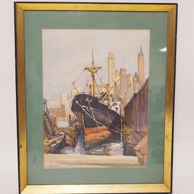 1091	WATERCOLOR PAINTING OF SHIP DOCKED ARTIST SIGNED MARC, APPROXIMATELY 17 IN X 21 IN
