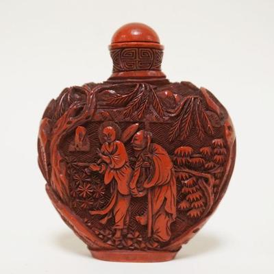 1009	CHINESE CINNABAR SNUFF BOTTLE, APPROXIMATELY 3 1/4 IN HIGH
