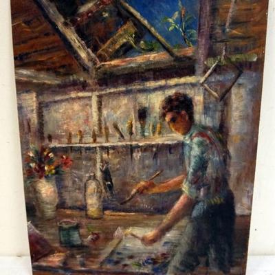 1117	WILLIAM STODDARD LOUGHRAN BUCKS COUNTY PA. ARTIST, 1901-1969, OIL ON BOARD, *SELF PORTRAIT OF ARTIST IN STUDIO*  , APPROXIMATELY 14...