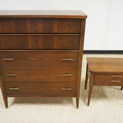 1244	MIDCENTURY MODERN SAGA BY BROYHILL PREMIER 5 DRAWER HIGH CHEST & 2 DRAWER NIGHTSTAND, CHEST APPROXIMATELY 19 IN X 39 IN X 47 IN...