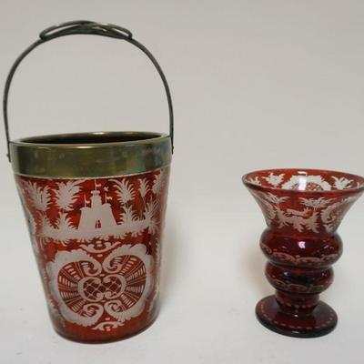 1078	RUBY CUT TO CLEAR 8 IN ICE BUCKET & VASE
