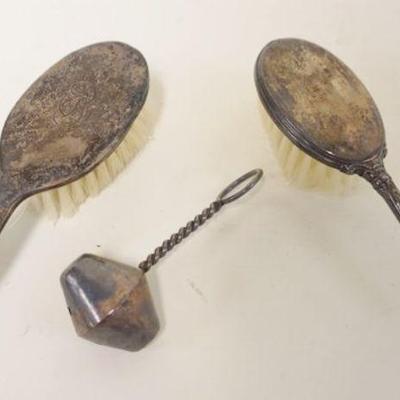 1125	ANTIQUE STERLING CHILDS HAIR BRUSHES, APPROXIMATELY 6 IN AND STERLING BABY RATTLE
