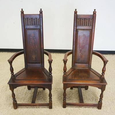 1224	PAIR OF KITTENGER PAINT DECORATED HIGH BACK CHAIRS, LOOSE WITH PAINT LOSS
