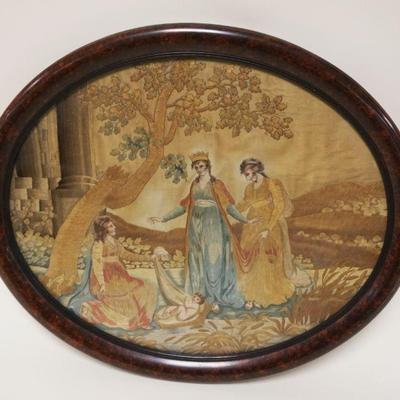 1033	ANTIQUE SILK EMBROIDERED SCENE OF MOSES IN NILE, APPROXIMATELY 17 IN X 20 IN
