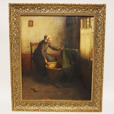 1096	OIL PAINTING ON CANVAS OF WOMAN & CHILD IN CRADLE ARTIST SIGNED LOWER LEFT, APPROXIMATELY 25 1/2 IN X 29 1/2 IN
