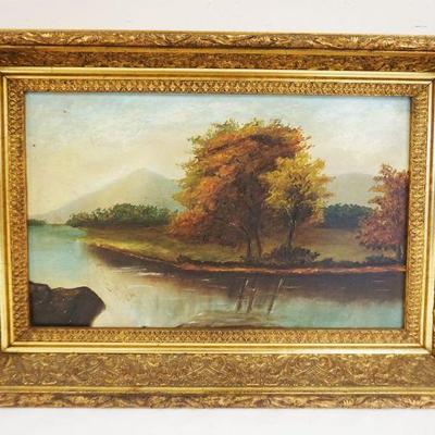 1100	ANTIQUE OIL PAINTING ON CANVAS LANDSCAPE OF RIVER W/MOUNTAINS IN BACKGROUND, APPROXIMATELY 18 IN X 15 IN OVERALL
