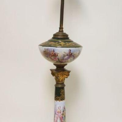 1011	HAND PAINTED ARTIST SIGNED CONTINENTAL COLUMN CHINA BANQUET LAMP ON METAL BASE, APPROXIMATELY 38 IN HIGH
