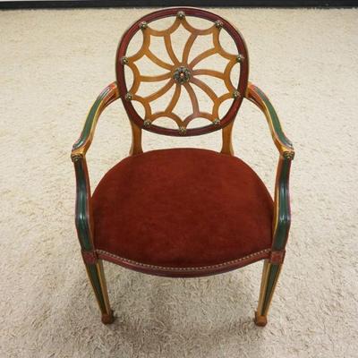 1171	UPHOLSTERED ARM CHAIR WITH PAINT DECORAED ACCENTS AND FRETWORK WEB DESIGN BACK
