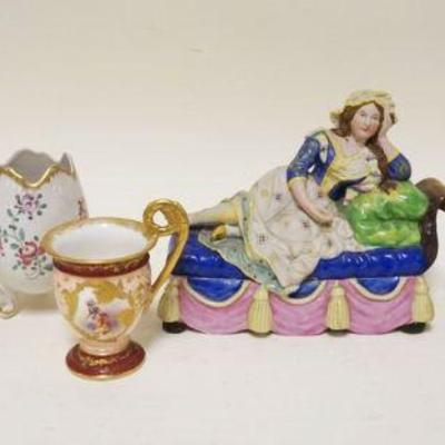 1257	GROUP OF ASSORTED CHINA & PORCELAIN INCLUDING HAND PAINTED PORTRAIT DEMITASSE, COVERED JARS, VASES & COVERED INK WELL HAS...