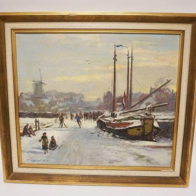 1092	DAAN MUHLHAUS OIL ON CANVAS DUTCH 1907-1981, DUTCH WINTER HARBOR SCENE W/PEOPLE SKATING & CHILDREN W/SLED, APPROXIMATELY 29 IN X 33 IN
