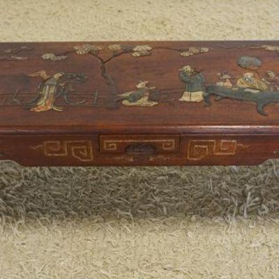 1218	ANTIQUE ASIAN TABLE WITH CARVED INSET STONE SCENES, 1 DRAWER, SOME LOSS, APPROXIMATELY 46 IN X 17 IN X 12 IN H
