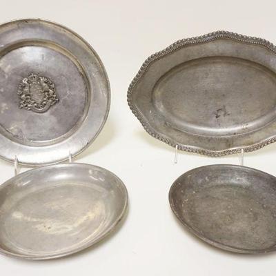 1038	LOT OF 4 ASSORTED ANTIQUE PEWTER PIECES, LARGEST APPROXIMATELY 9 IN X 13 IN
