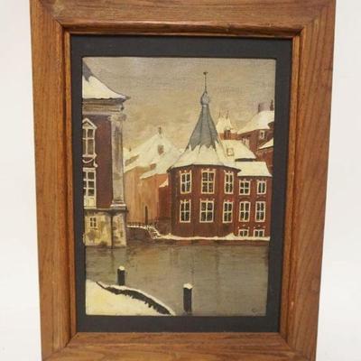 1253	OIL PAINTING ON CANVAS OF WINTER SCENE OF BUILDINGS ON WATERWAY, APPROXIMATELY 14 IN X 18 IN
