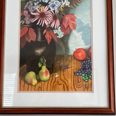 Still life of flowers & fruit - signed Larry Davis