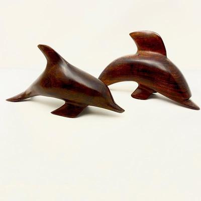Vintage Hand Carved Walnut Wooden Dolphins 