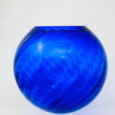  Large Cobalt Blue Glass Spiral Sphere Vase