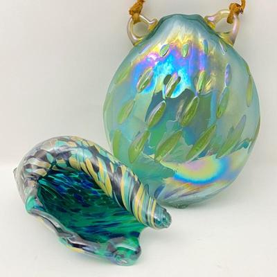 Pearlescent Aqua Clam Shaped Hanging Vessel & Handblown Glass Conch Shell