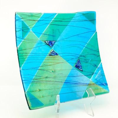 Aqua Fused Abstract 11â€ Square Decorative Art Glass - Unsigned 