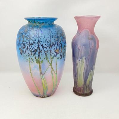  Two Iridescent Pink & Blue Art Glass Vases- Peet Robinson Sunset Mesa & Rueven Nouveau