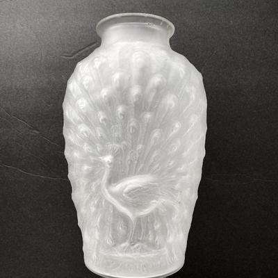 Art Deco Relief Peacock Frosted Glass Vase Anchor Hocking Glass Co.