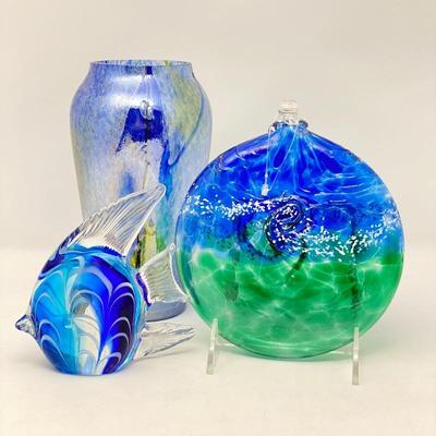 Lot of 3 Handblown Glass Art- Fish, Vase, Decorative Flat Sphere