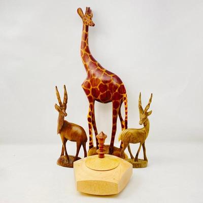 Carved Wood Antelope & 16â€ Giraffe w/ Wood Box