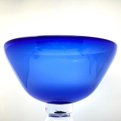  Beautiful Handblown Cobalt Blue 12â€ Footed Bowl- Signed by Unknown Artist