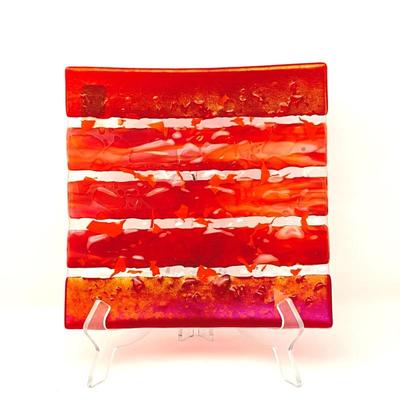 Bright Handcrafted Coral and Clear Fused Art Glass Decorative Plate