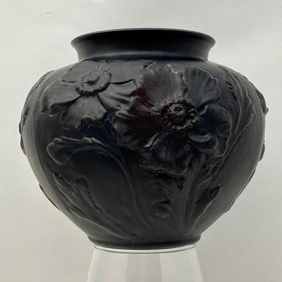 1930â€™s Tiffin Black Amethyst Glass Vase with Embossed Poppy Flowers in Satin Finish