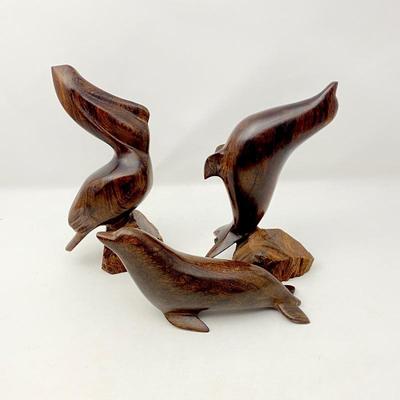  Vintage Walnut Carved Wood Pelican and Sea Lions